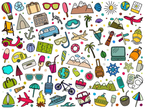 Vetor Ilustração Conjunto Viagens Turismo Verão Doodles Elementos — Vetor de Stock