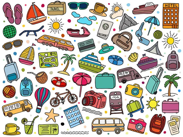 Vetor Ilustração Conjunto Viagens Turismo Verão Doodles Elementos — Vetor de Stock