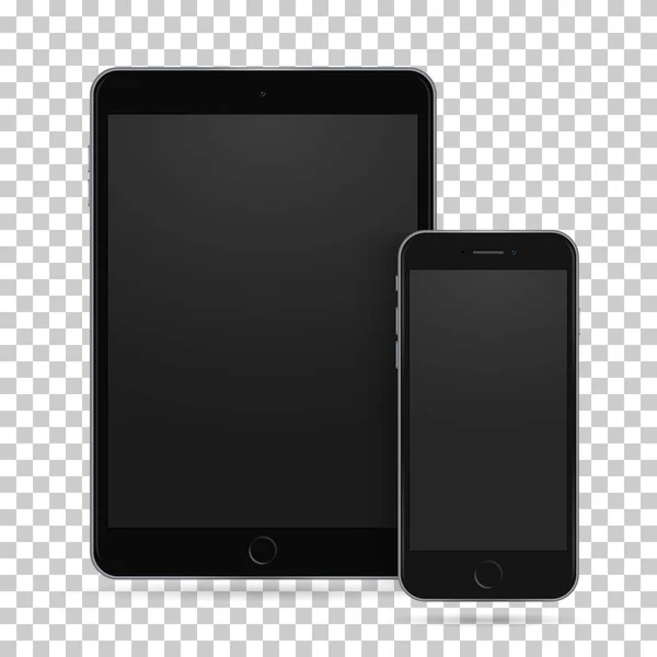 Conjunto de tableta negra realista y teléfono móvil con pantalla vacía. Nuevo gadget electrónico sobre fondo blanco — Archivo Imágenes Vectoriales