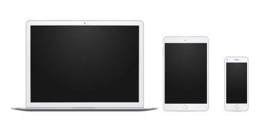Beyaz dizüstü bilgisayar, tablet ve telefon, hepsi tek ve boş ekranlar ile izole.