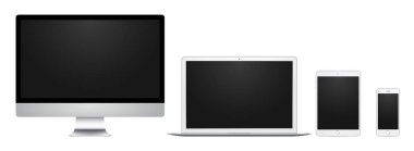 Beyaz bilgisayar ekranı, dizüstü bilgisayar, yastık ve telefon ile boş perde tasarım, tanıtım, web, cep için.