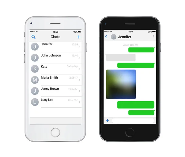 Rehber sayfa mockup ve metin kabarcıklar programlarının ve gönderen ortam dosyası iki sohbet ekranlar şablonları. Beyaz arka plan üzerinde vektör düzenlenebilir illustrationisolated.