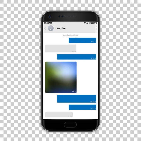 Mensajero de chat en la pantalla del teléfono, ilustración vectorial. maqueta de teléfono inteligente negro de alta calidad detallada con captura de pantalla de la aplicación de chat . — Vector de stock