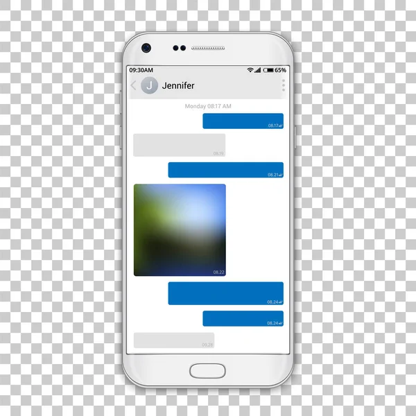 Konverzace programu messenger na displeji telefonu, vektorové ilustrace. Podrobné kvalitní bílý smartphone makety s screenshot z chatování aplikace. — Stockový vektor