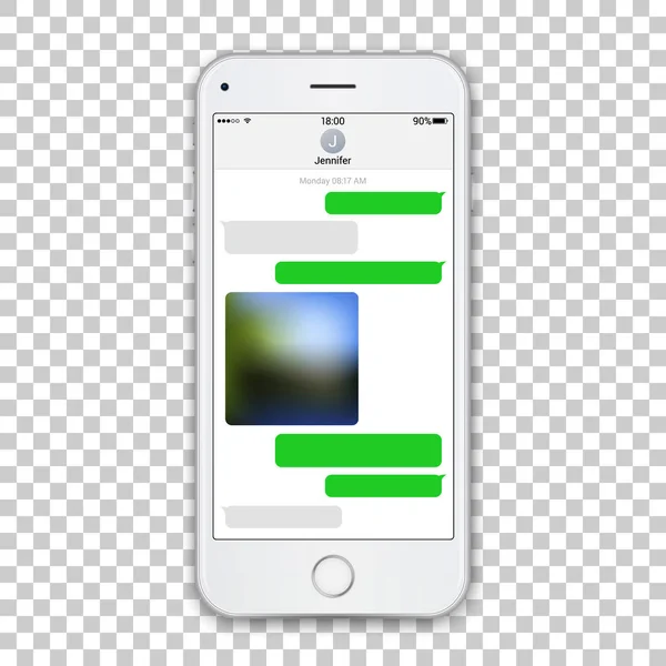 Realistische witte telefoon sjabloon met groene chat messenger op scherm. Vector gedetailleerde illustratie geïsoleerd op transparante achtergrond. — Stockvector