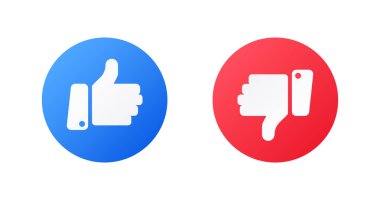 İzole edilmiş ve sevilmeyen ikonlar gibi. Mavi ve kırmızı baş parmak yukarı ve baş parmak aşağı düz stil ikonu. Sosyal medya ağı şablonu, akış, sohbet. Vektör illüstrasyonu.