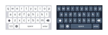 Açık ve koyu kipte akıllı telefon klavyesi, modern düz stilde klavye alfabe tuşları, beyaz ve siyah renkli metin uygulaması için cep telefonu sekmesi konsepti, vektör illüstrasyonu.