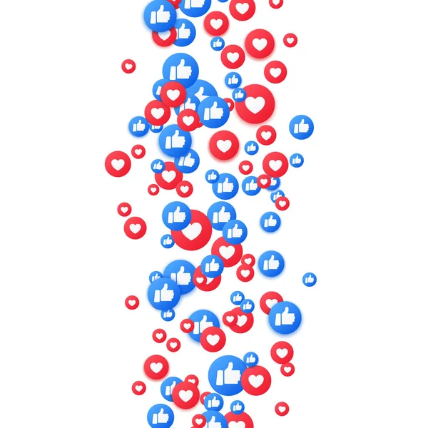 Bannière verticale avec comme et apprécier les icônes emoji flottant vers le haut, pouce vers le haut du réseau social de flux. Icônes de coeur et de coup pour l'amour et le respect. Fond vectoriel dans un style réaliste 3d . — Image vectorielle