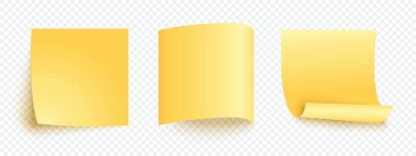 Farklı gölgeli sarı kağıtlar. İleti, liste ve hafıza için boş gönderi. Şeffaf arkaplanda izole edilmiş vektör notları kümesi.