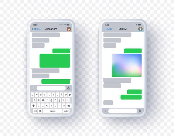 Двухэкранное текстовое приложение для мобильного телефона, макет концепта в светлом режиме с серо-зеленой конструкцией пузыря и клавиатурой. Текстовый шарик для текста и картинок. Приложение для сообщений и смс . — стоковый вектор