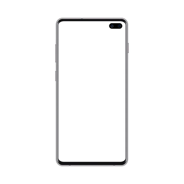 Black smartphone mockup with blank screen. Cell phone template with two cameras and big screen for showing web and app design. Vector realistic modern mobile device illustration on white. — Stock Vector