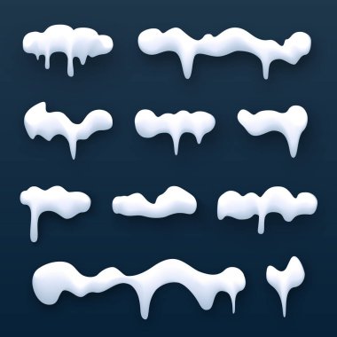 Kar örtüsü elementleri, buz saçakları izole nesneler, kış yılbaşı resimleri. Karikatür tarzında taşıyıcı kar örtüsü kış gecesi arka planında izole edilmiş. Donmuş çerçeve koleksiyonu.