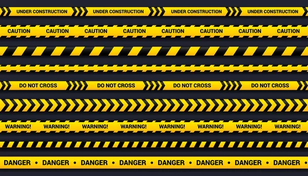 Caution tape set of yellow and black ribbons, for dangerous area, accident, police. Vector tape template with shadow on dark background. — Stock Vector