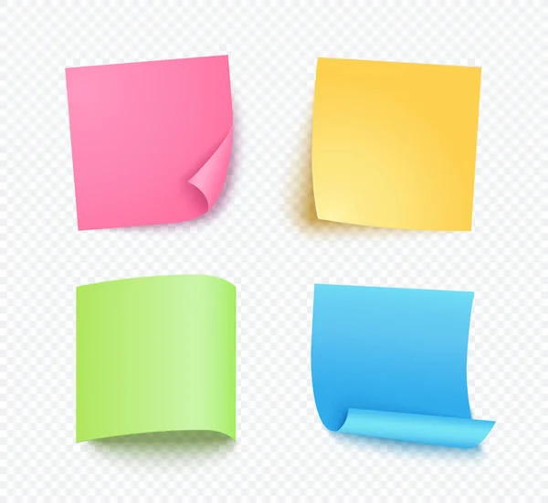 Note sheet of paper set with different shadow. Colored blank post for message, to do list. Set of pink, yellow, blue and green vector sticky notes isolated on transparent background. — Stock Vector