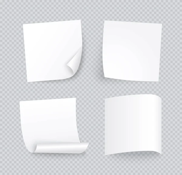 Λευκό φύλλο χαρτιού με διαφορετική σκιά. Κενό μήνυμα για μήνυμα, να κάνω λίστα. Σύνολο τεσσάρων διανυσματικών αυτοκόλλητων σημειώσεων που απομονώνονται σε διαφανές φόντο. — Διανυσματικό Αρχείο