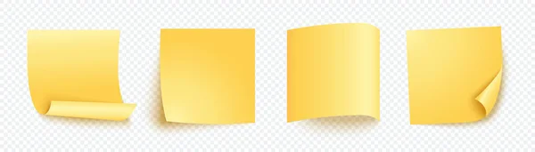 Folha de papel amarelo com sombra diferente. Quatro postagens em branco para mensagem, para fazer lista, memória. Conjunto de notas vetoriais isoladas em fundo transparente . — Vetor de Stock