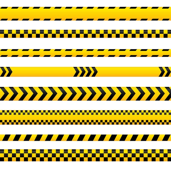 Soyut uyarı bandı, sarı tehlike çizgileri farklı stillerde boş. Polis, kaza ve bariyer olarak kullanılabilir. Vektör teyp koleksiyonu. — Stok Vektör