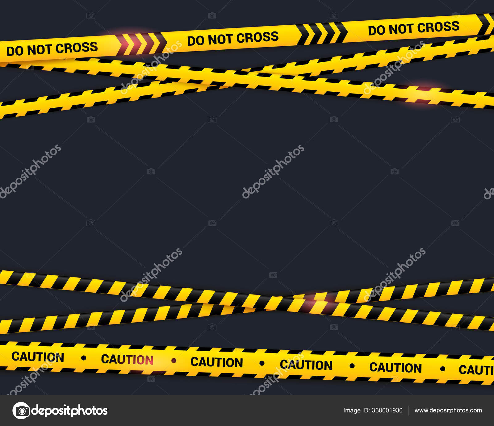 Caution tape on black background. Do not cross texted yellow crossed  ribbons with light effect. Warning line in flat style, dangerous zone  vector illustration. 스톡 벡터 - ©viktoria.nm 330001930, image size:1600x1380