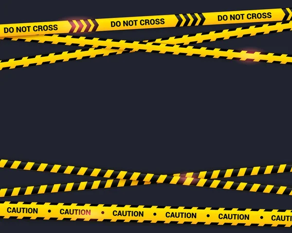 Caution tape on black background. Do not cross texted yellow crossed ribbons with light effect. Warning line in flat style, dangerous zone vector illustration. — Stock Vector