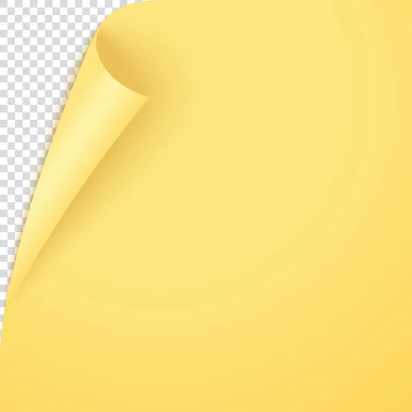 Yellow curled corner page, empty bent paper template. Vector post for notes, memory, remind. Bent realistic yellow page with shadow. — 图库矢量图片