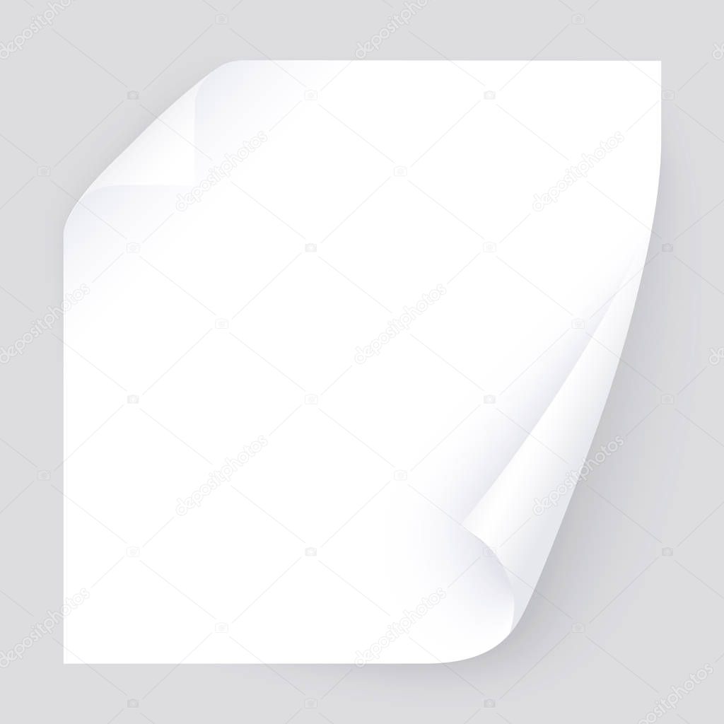 Two curled corner page with realistic shadow, empty paper template for banner, flyer. Vector post for notes, memory, remind. Bent realistic page isolated on transparent background.