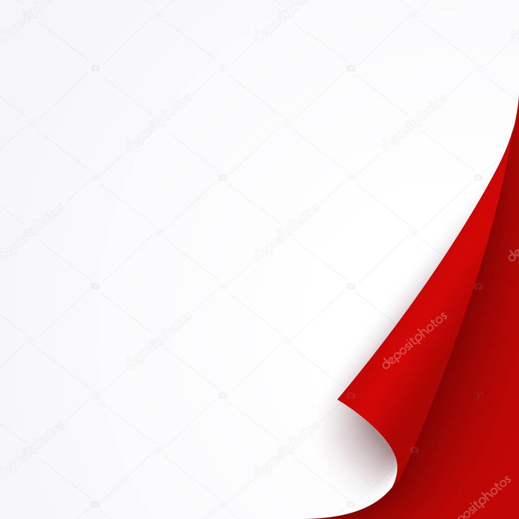 White banner template with red curled corner. Square bent paper page for christmas sale, promo or flyer, empty red sticker for memo, notes and post.