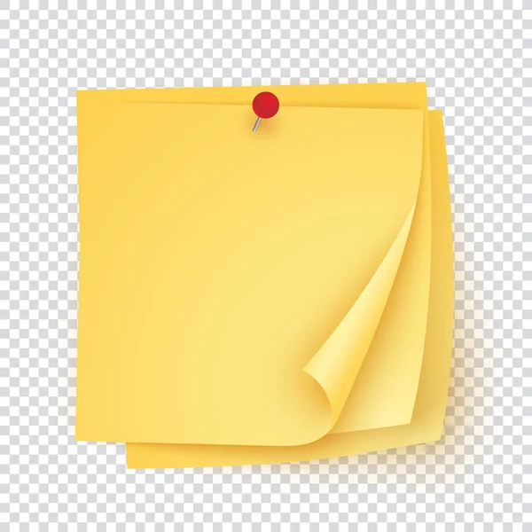 Stack av gult papper med röd nål, tom klistermärke mall med hörn kurvor upp. Gul klibbig sida samling för meddelande, påminnelse, minne. Vektorillustration. — Stock vektor