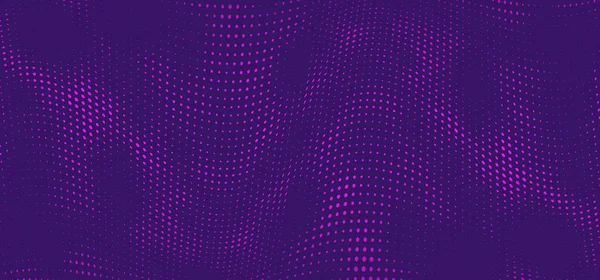 Halftone music wave on purple background. Dotted vibrant texture for wallpaper, music poster, flyer. Abstract halftone effect with dot and circle in popart style. Vector illustraction. — ストックベクタ