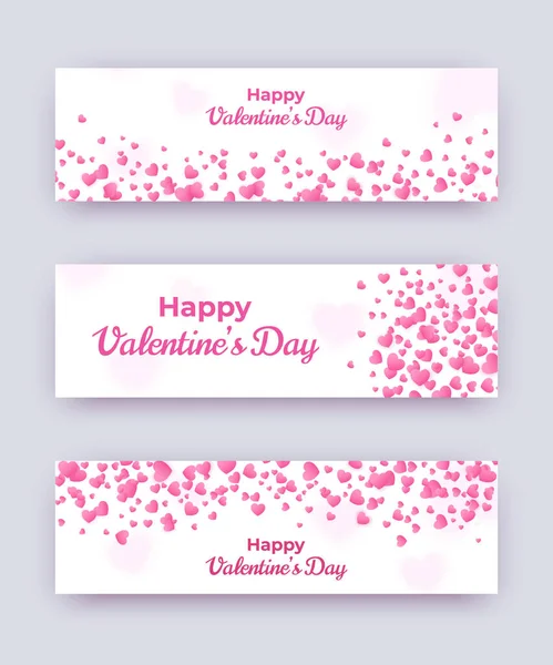 Valentine day banner set. White love coupons with pink hearts and happy text. Vector horizontal women day illustration, wedding card, gift coupon, voucher template. — Stock Vector