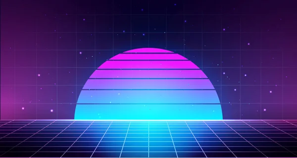 Fondo retro con rejilla láser, paisaje abstracto con puesta de sol y cielo estrellado. Vaporwave, synthwave ilustración de estilo cyberpunk de los 80. Plantilla mínima para póster, volante, portada, festival de música, dj set . — Archivo Imágenes Vectoriales