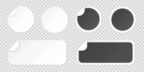 Rund klistermärke mall med skal av hörn, svart och vitt prislapp eller promo etikett mall isolerad på transparent bakgrund. Vektor självhäftande patch illustration med böjda hörn. — Stock vektor