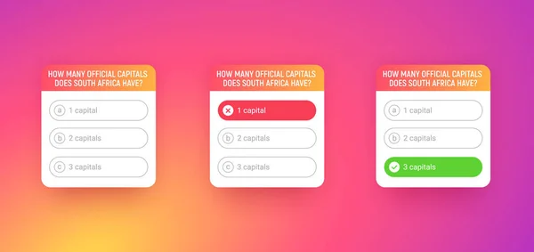 Sosyal medya uygulaması için test şablonu. Renkli gradyan arkaplanı ile ilgili soru seçenekleri içeren anket. Düğmelerle arayüzü test et. Doğru ve yanlış cevaplı pencereler.