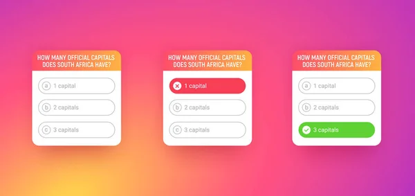 Quiz template for social media application. Poll with question options on colored gradient background. Quiz ui interface with buttons. Windows with correct and wrong answers. — Stock Vector
