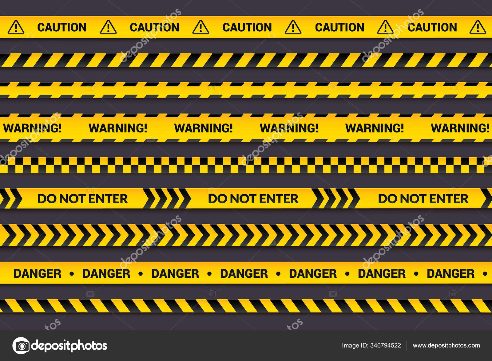 경고 테 입 세트, 노란 경고 띠, 위험 기호, 화살표, 검은 글자와 삼각형 표시가 있는 노란색 라인. 주의를 환기시키는 메시지가 담긴  수평 깃발 수집. 스톡 벡터 - ©viktoria.nm 346794522, image size:1600x1175