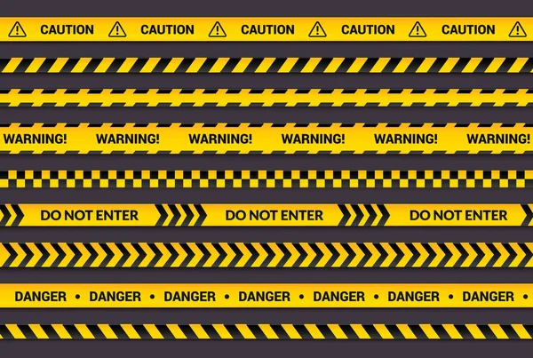Dikkat bandı seti, sarı uyarı şeritleri, tehlike sembolü, oklar, siyah metin ve üçgen işareti olan sarı çizgiler. Dikkat mesajı olan yatay pankart koleksiyonu.