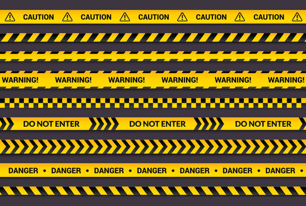 Caution tape set, yellow warning strips, danger symbol, arrows, yellow lines with black text and triangle sign. Horizontal banner collection with attention message.
