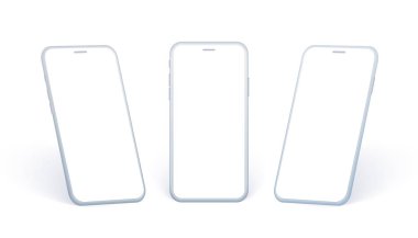 Cep telefonu yan görüş seti. Beyaz akıllı telefon koleksiyonu farklı açılarda ve perspektif noktalarda. Uygulama tasarımı veya web sitesi göstermek için boş ekrana sahip soyut aygıt.