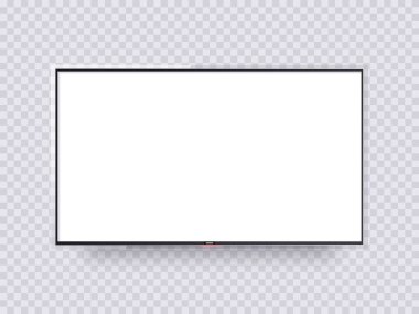 İnce cam çerçeveli ve boş ekranlı gerçekçi bir televizyon. Duvara kurulmuş, gölgeli televizyon paneli. 3d TV görüntüleme modeli parlama tuşu, vektör illüstrasyonu.