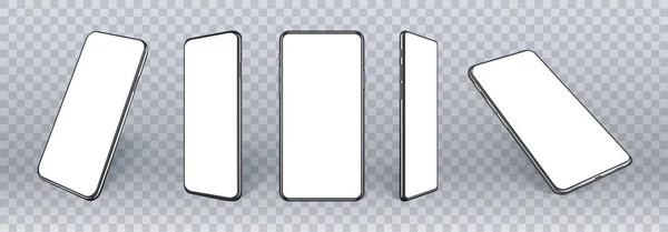 Mobile phones mockup in different angles isolated, 3d perspective view cellular mockup with white empty screen isolated for showing ui ux app design or website. — Stock Vector