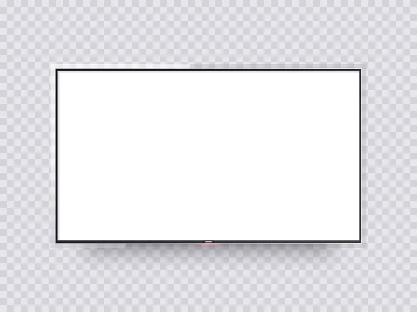 TV realista com moldura de vidro fino e tela em branco. Parede levou painel de televisão com sombra isolada. 3d tv display mockup com botão de brilho, ilustração vetorial . — Vetor de Stock