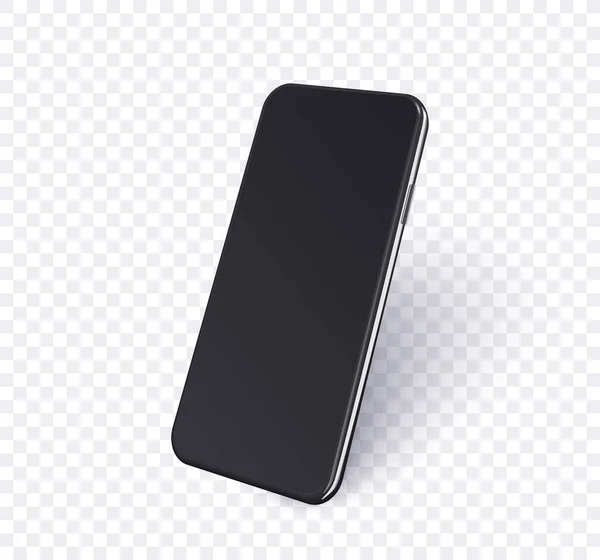 3d phone mockup in perspective view. Realistic mobile smartphone black color with blank screen and shadow, vector template for show ui ux app design, or werbsite. — Stock Vector