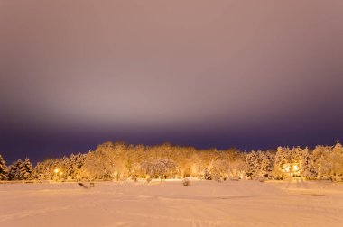 Akşamları karla kaplı kış parkı