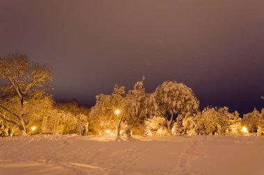 Akşamları karla kaplı kış parkı