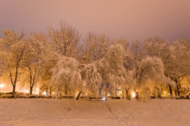 Akşamları karla kaplı kış parkı