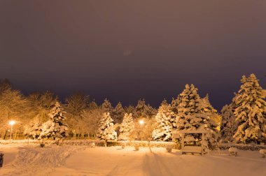 Akşamları karla kaplı kış parkı
