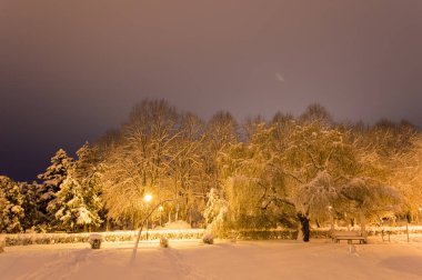 Akşamları karla kaplı kış parkı