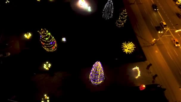 Орнаментальні та освітлені ялинки в місті — стокове відео