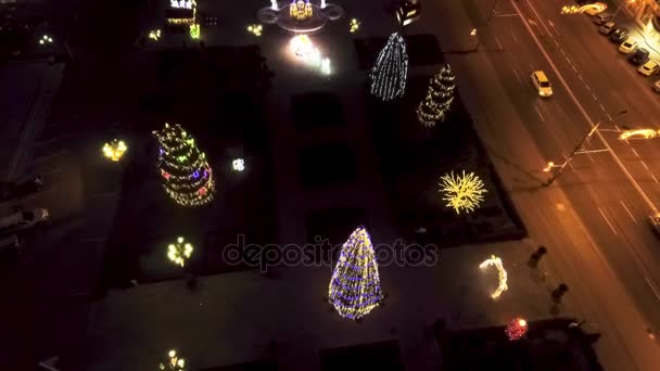 Geschmückte und beleuchtete Weihnachtsbäume in der Stadt — Stockvideo