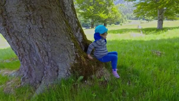 petite fille jouant sur l'herbe verte dans les montagnes 
