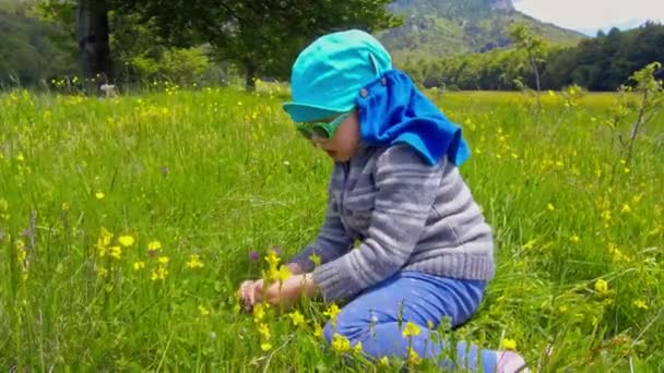 Malá dívka hraje na zelené trávě v horách — Stock video